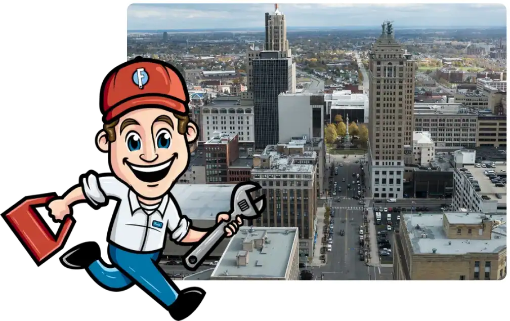 A cartoon repairman with a wrench and toolkit is superimposed on a cityscape with tall buildings and streets.