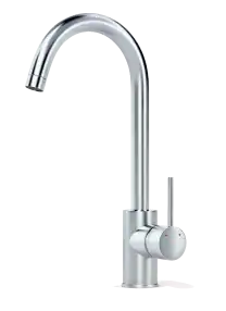 Modern stainless steel kitchen faucet with a curved spout and a single lever handle, photographed against a plain white background.