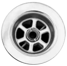 Close-up of a metal sink drain viewed from above, showing the circular grate and surrounding smooth metal surface.