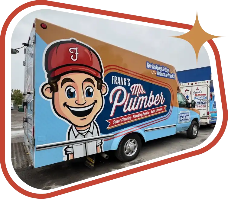 A plumber service van with a cartoon character, "Frank's Mr. Plumber" logo, and contact info, parked outdoors.