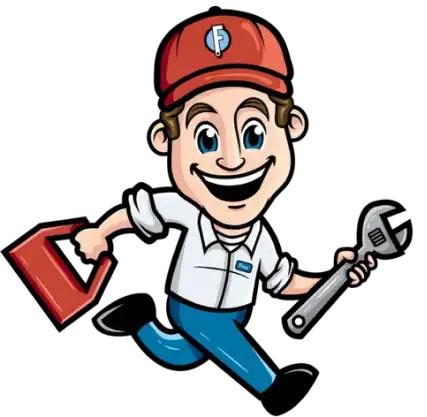 Cartoon handyman in a red cap and white shirt running, holding a red toolbox in one hand and a wrench in the other, smiling enthusiastically.