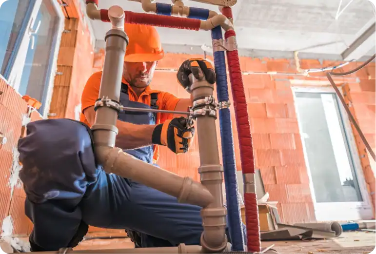 Plumber wearing a hard hat installs PVC pipes in a building under construction, with insulation on some pipes and unfinished brick walls in the background.