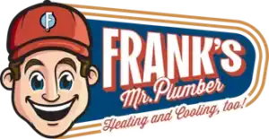 Logo for "Frank's Mr. Plumber Heating and Cooling, too!" featuring a cartoon smiling man in a red cap with an "F" emblem.