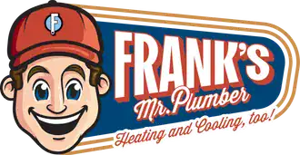 Logo for "Frank's Mr. Plumber Heating and Cooling, too!" featuring a cartoon smiling man in a red cap with an "F" emblem.